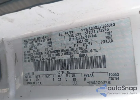 1999 Ford E-250 Commercial/Recreational from USA, damaged, VIN 1FTNE24L5XHB64198